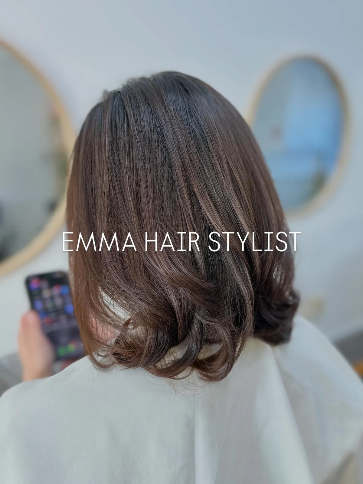 Shoulder-length brown hair with outward C-curl flicks and volume, a Korean C-curl setting perm at Emma Hair Stylist