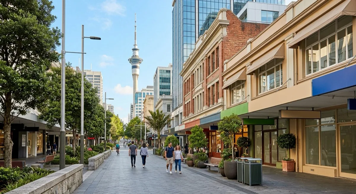 A pedestrian street in Auckland's city centre lined with ground-floor shopfronts, the Sky Tower rising above the buildings behind, with people walking in afternoon sunlight