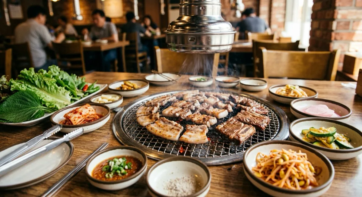 A Korean barbecue tabletop grill with pork belly and short rib cooking over the grate, surrounded by bowls of kimchi and banchan side dishes, lettuce and dipping sauces