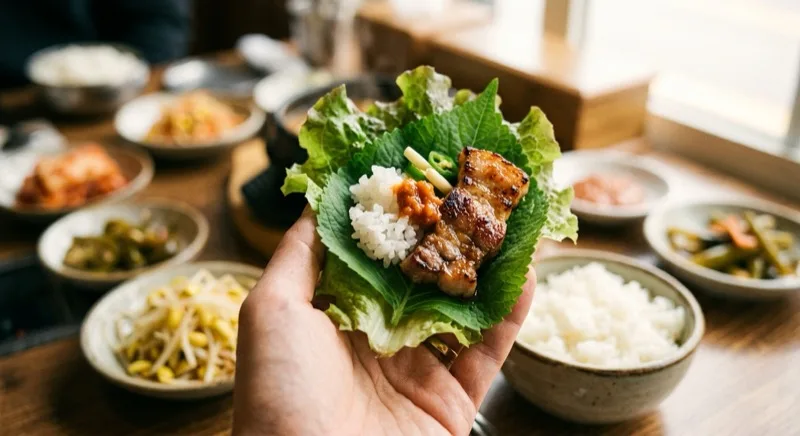 A hand holding a lettuce wrap filled with grilled Korean barbecue meat, rice and ssamjang, with bowls of rice and banchan side dishes on the table
