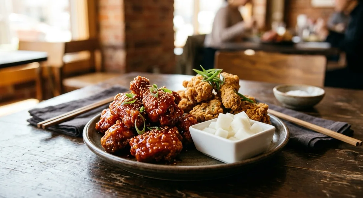 A platter of Korean fried chicken glazed in glossy sweet and spicy sauce beside plain crispy fried chicken, with a dish of pickled white radish cubes on a dark table