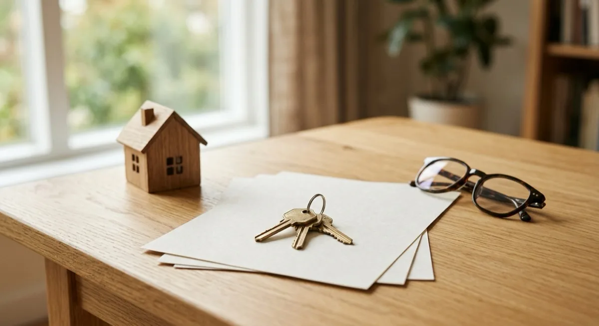A set of house keys resting on a small stack of blank documents on a wooden table, with a small wooden model house and reading glasses beside them in soft natural light