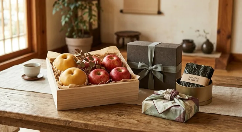 An unbranded Korean holiday gift arrangement: a wooden box of Korean pears and apples, a lidded gift box, a tin of roasted seaweed and a cloth-wrapped bojagi parcel