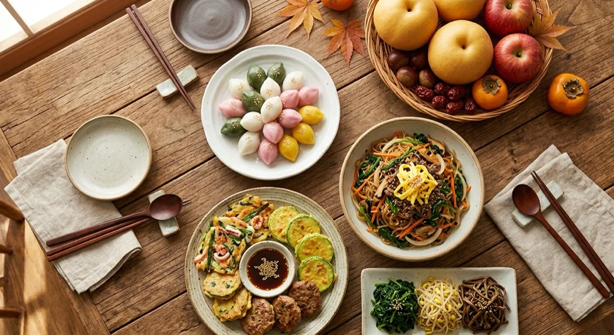An overhead view of a Korean holiday table on a wooden surface: half-moon songpyeon rice cakes, assorted jeon pancakes, a bowl of japchae, three-colour namul, Korean pears, apples, chestnuts and jujubes