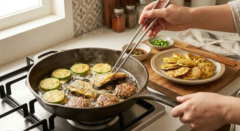 Slices of zucchini, fish fillet and meat patties coated in egg frying in a wide pan, with a plate of finished golden jeon beside it