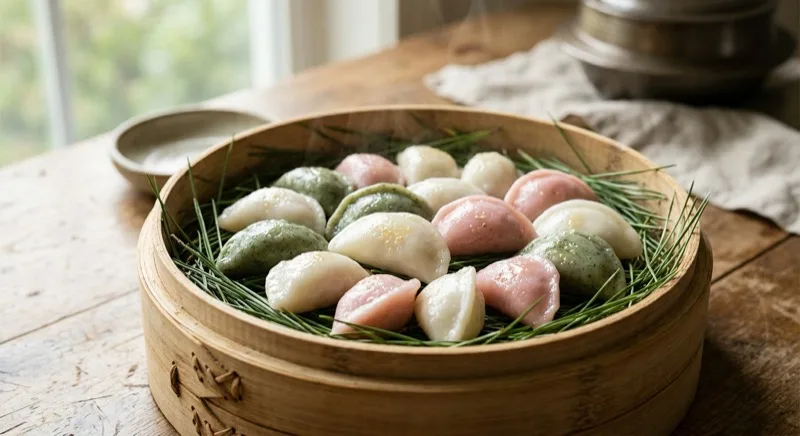 Freshly steamed half-moon songpyeon rice cakes in white, pale green and pink resting on pine needles in a bamboo steamer