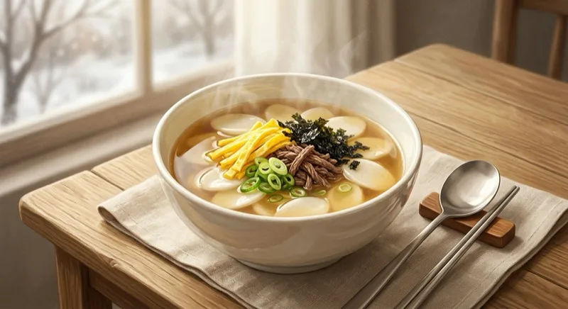 A white ceramic bowl of tteokguk rice cake soup in clear broth, topped with egg strips, shredded beef, spring onion and seaweed