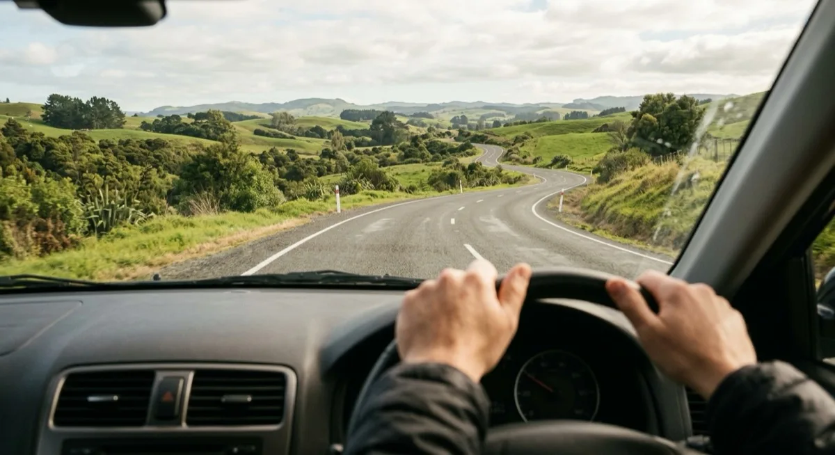 Driver's point of view through a car windscreen looking out at an open two-lane rural New Zealand road curving through green rolling hills, with hands resting on a right-hand-drive steering wheel