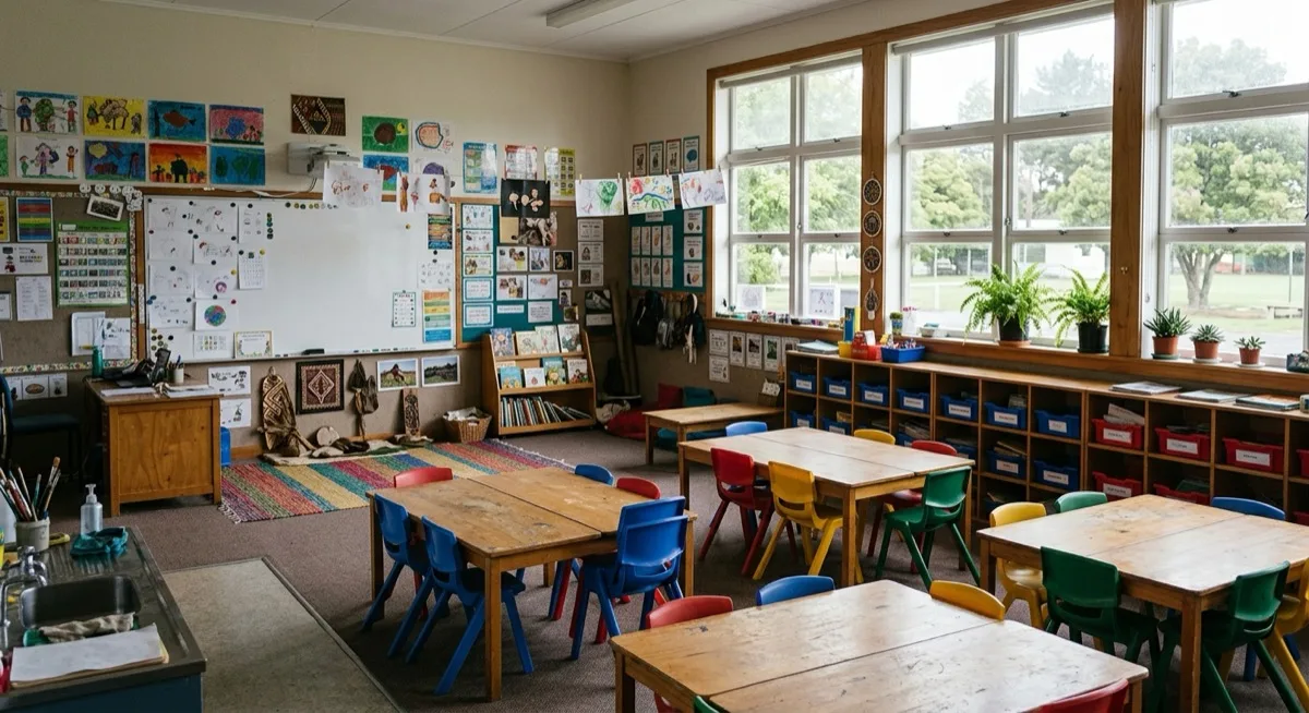 The interior of a typical New Zealand state primary school classroom: low wooden tables with colourful plastic chairs, a whiteboard and children's artwork on the walls, cubby shelves with trays, and plants on the windowsill with the school grounds visible outside