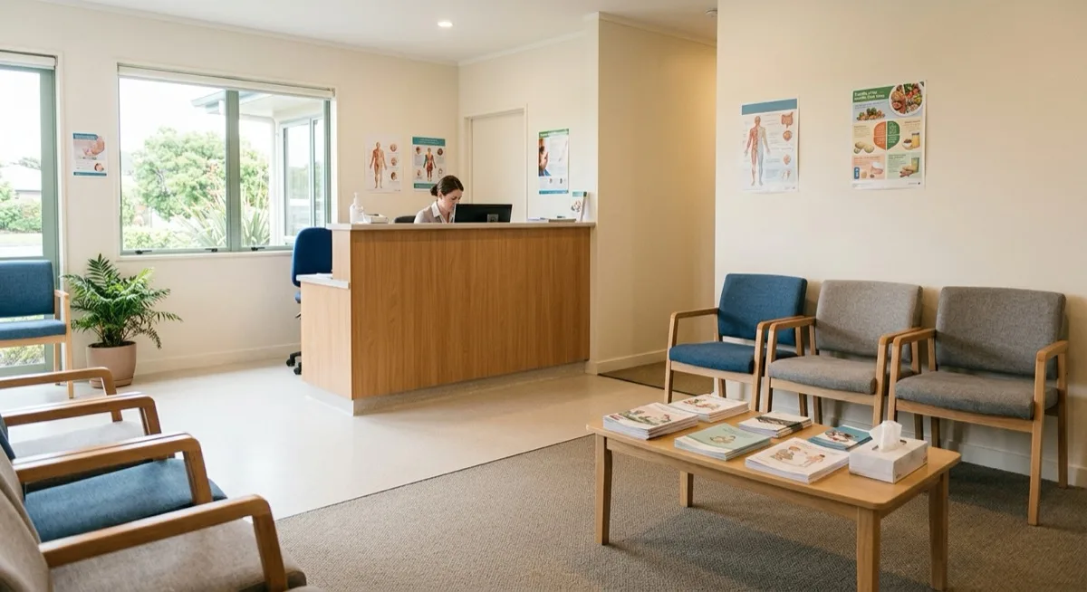 A calm, bright medical clinic waiting room with empty chairs, a reception desk and a stand of health information leaflets