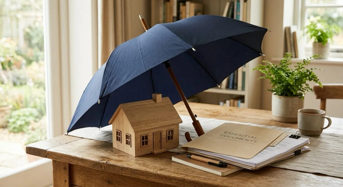 An open umbrella resting over a small wooden model house and a folder of documents on a desk in soft light