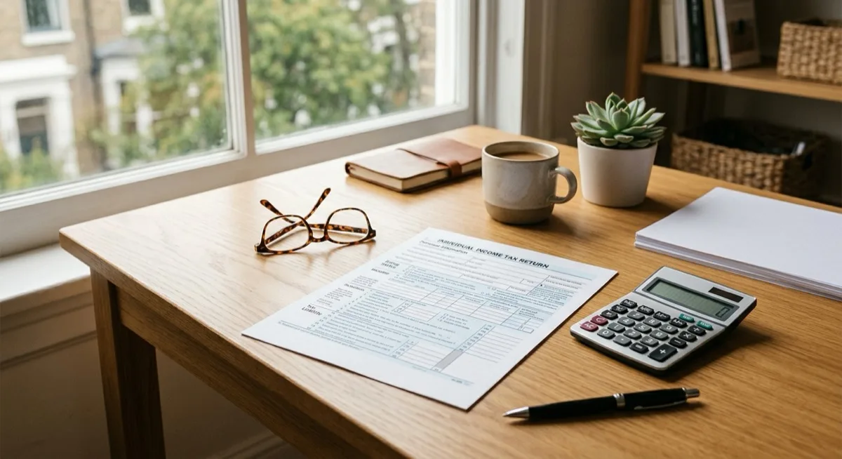 A tidy desk with a blank tax form, a calculator, a pen and reading glasses in soft natural light