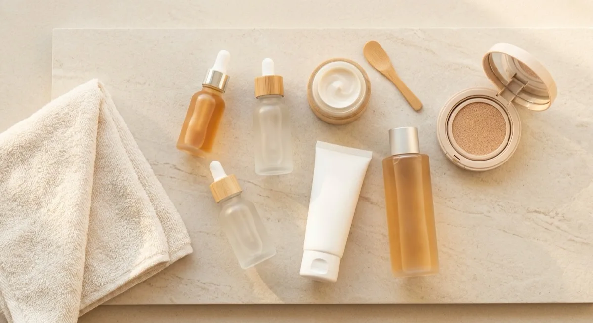An overhead flat-lay of assorted Korean skincare bottles, dropper serums, a cream jar and a cushion compact on a pale stone surface