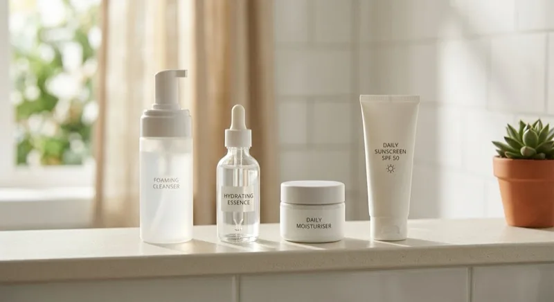 Four generic skincare products in a row (a foaming cleanser, an essence, a moisturiser and a sunscreen) on a bright bathroom shelf