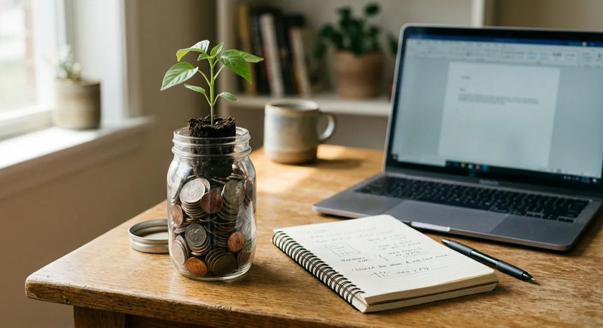 A glass jar filled with coins and a small green seedling, beside a notebook and laptop on a wooden desk in soft daylight