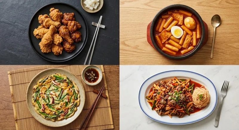 Four Korean drinking snacks from above: Korean fried chicken, sweet-spicy tteokbokki rice cakes, a savoury jeon pancake, and a spicy golbaengi sea-snail salad