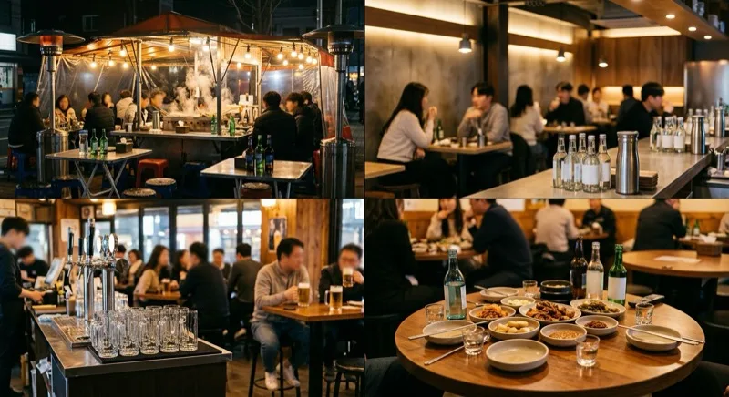 Four illustrated Korean bar settings: a street pojangmacha tent, a modern soju bar interior, a hof beer pub with draught taps, and a restaurant table set for evening drinks