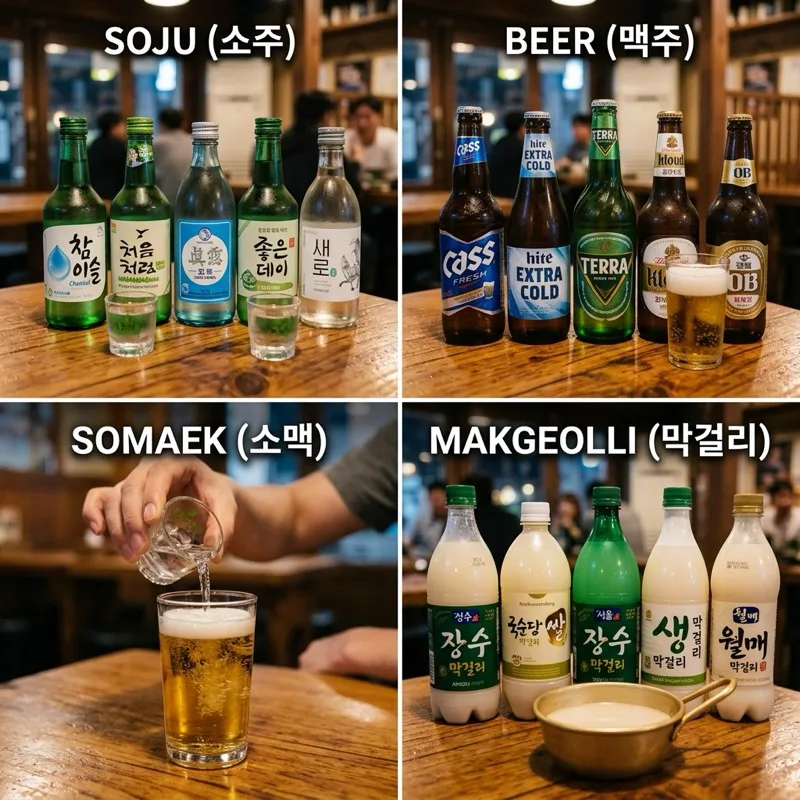 A labelled grid of Korean drinks: a lineup of soju brands, a lineup of lager beer brands, a demonstration of pouring soju into beer to make somaek, and a lineup of makgeolli brands with a brass bowl of rice brew