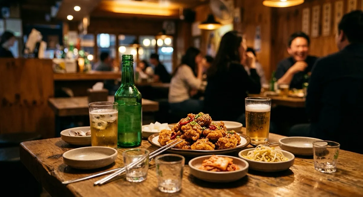 A Korean bar table at night with a green soju bottle and small soju glasses, a shared platter of fried chicken and side dishes, and glasses of beer under warm lighting