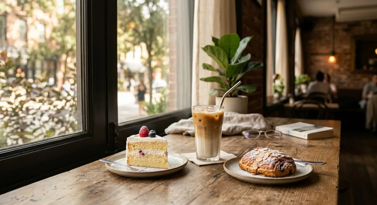 A cafe table by a window with a slice of soft cream cake, an iced latte in a tall glass and a golden pastry, in warm daylight
