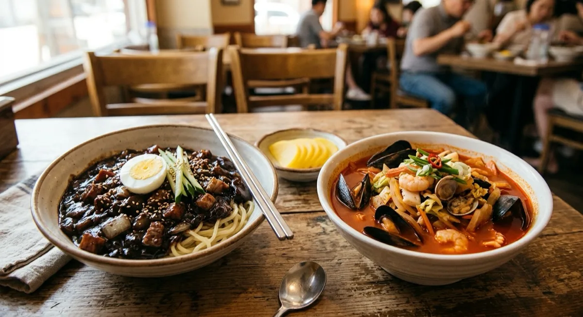 A bowl of jjajangmyeon black bean noodles beside a bowl of spicy red jjamppong seafood noodle soup with yellow pickled radish on a restaurant table