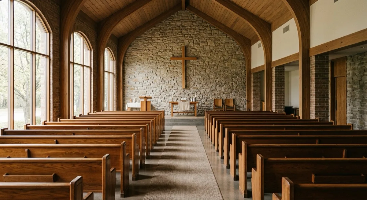 The calm interior of a modern church sanctuary with empty wooden pews facing a simple cross, soft light from tall windows