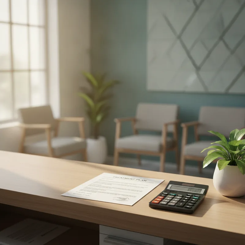 A dental receptionist's desk with a printed treatment plan, a calculator and a potted plant, no people visible