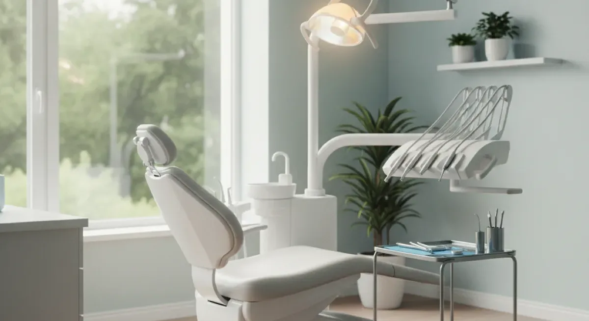 A bright, modern dental treatment room with an empty dental chair, overhead light and a tray of instruments beside a window