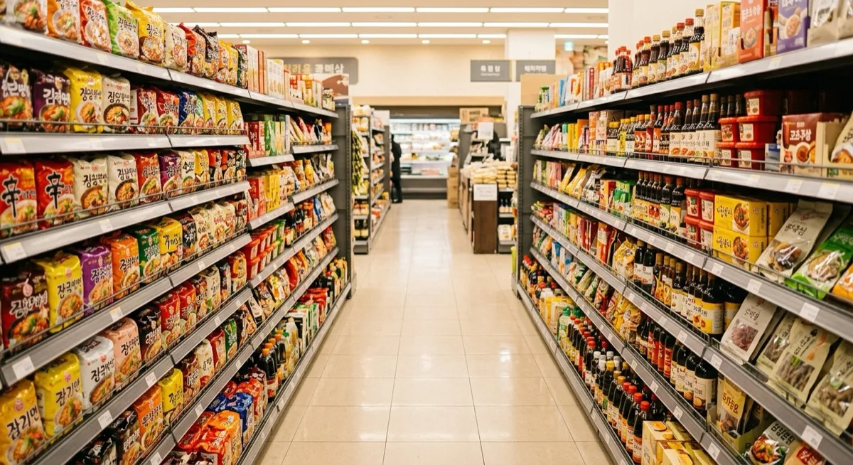 Well-stocked Korean grocery shelves lined with instant ramen packets, tubs of gochujang, dried seaweed and jars of banchan under bright lighting