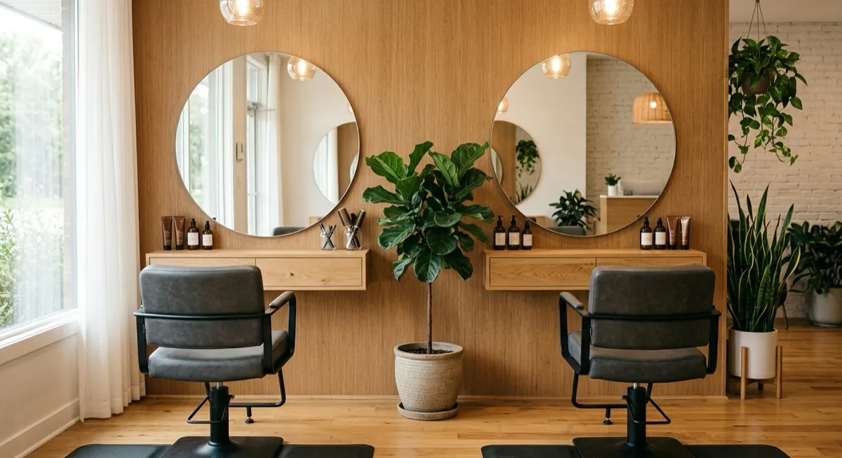 A calm modern hair salon interior with two empty styling chairs facing round mirrors, warm wood panelling and potted plants
