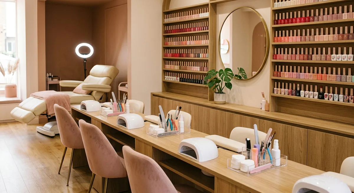 A bright, calm Korean-style beauty studio interior with a manicure table, a reclined lash-treatment bed, soft neutral tones and potted plants, with no people and no branding