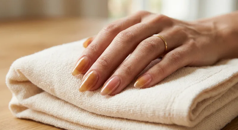 Close-up of a hand resting on a folded towel with glossy translucent jelly-style gel nails in soft amber and pink tones, no branding