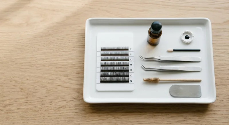 Overhead view of a lash technician's tidy workstation with tweezers, a lash tile and treatment tools laid out on a clean tray, no people and no branding