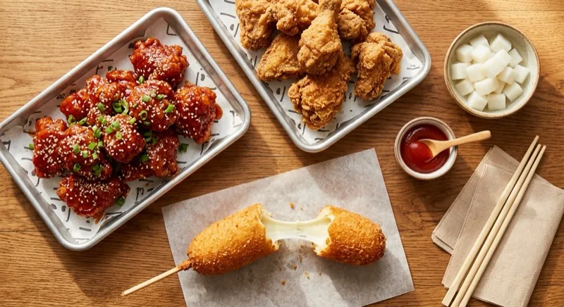 An overhead view of two trays of Korean fried chicken, one glazed in sweet-and-spicy red sauce and scattered with sesame seeds and spring onion, the other plain and crisp, beside a deep-fried mozzarella hot dog on a stick pulled apart to show the melted cheese, a bowl of cubed pickled white radish and a dish of ketchup