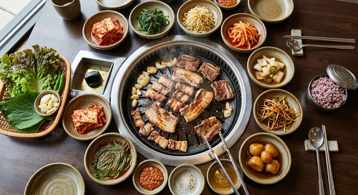 An overhead view of a Korean barbecue table with pork belly and beef grilling on a round grill set into the table, ringed by small bowls of banchan side dishes and a basket of lettuce and perilla leaves