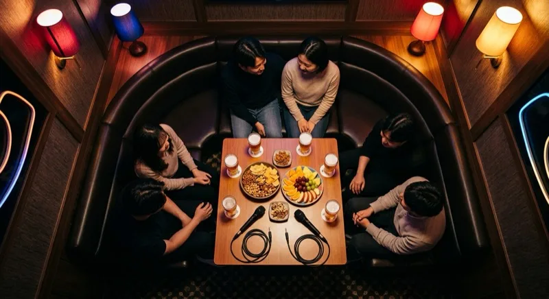 A private Korean karaoke room seen from above, with friends seated around a low table holding glasses of beer, a fruit plate and snacks, two microphones on the table and coloured wall lamps around the booth
