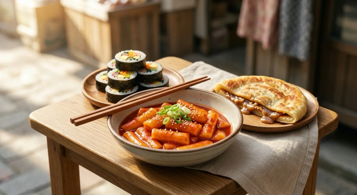 An overhead flat-lay of Korean street snacks — tteokbokki rice cakes in red sauce, a folded hotteok pancake and sliced gimbap rolls on paper trays