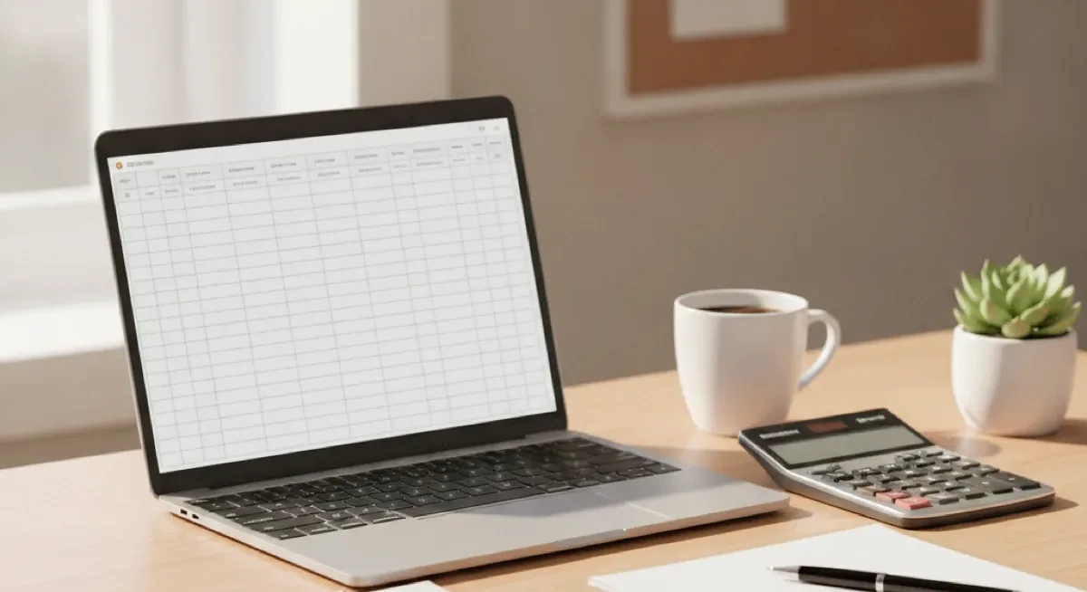 A tidy desk with a laptop showing a plain spreadsheet, a calculator, a cup of coffee, a pen and a neat stack of paperwork under soft daylight