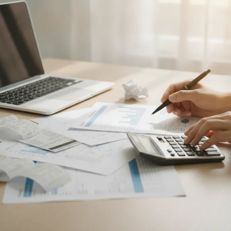 Hands at a desk going over printed financial paperwork and receipts with a calculator and pen, a laptop to the side, in warm office light