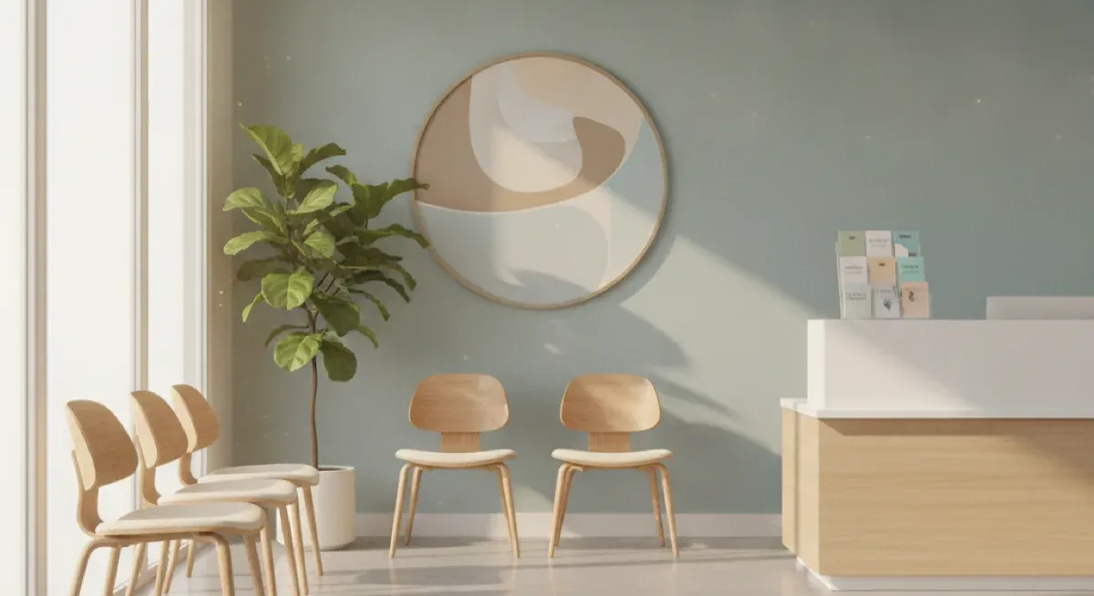 A calm, bright clinic waiting area with wooden chairs, a reception desk, a potted plant and a leaflet stand