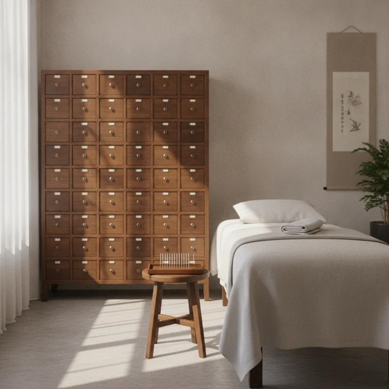 A calm Korean oriental-medicine treatment room with a wall of labelled wooden herb drawers, a treatment bed with a folded towel, and a small tray of acupuncture needles