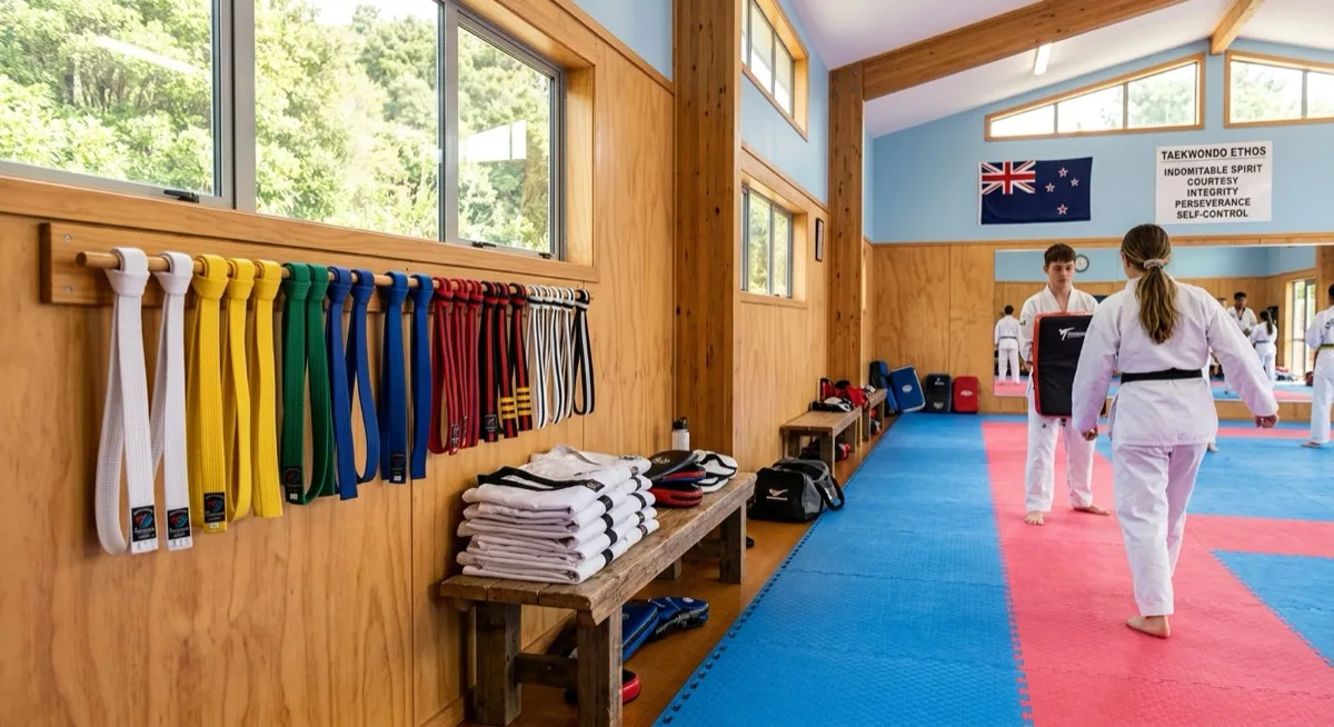 A taekwondo training hall with a matted floor, folded white uniforms and a row of coloured belts on a wooden bench