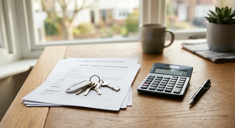 House keys and a mortgage application form beside a calculator and pen on a wooden desk in soft window light