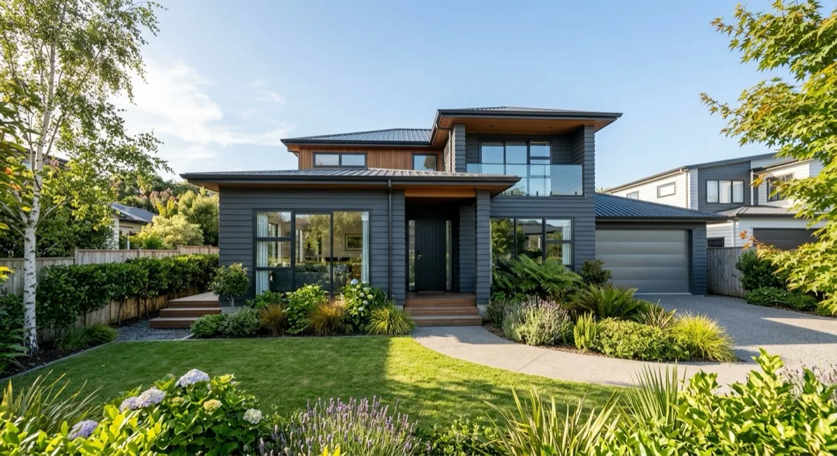 A modern New Zealand suburban house with weatherboard cladding and a landscaped front garden on a sunny day