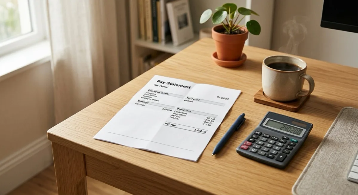 A printed payslip beside a calculator, a coffee cup and a pen on a clean desk in soft daylight