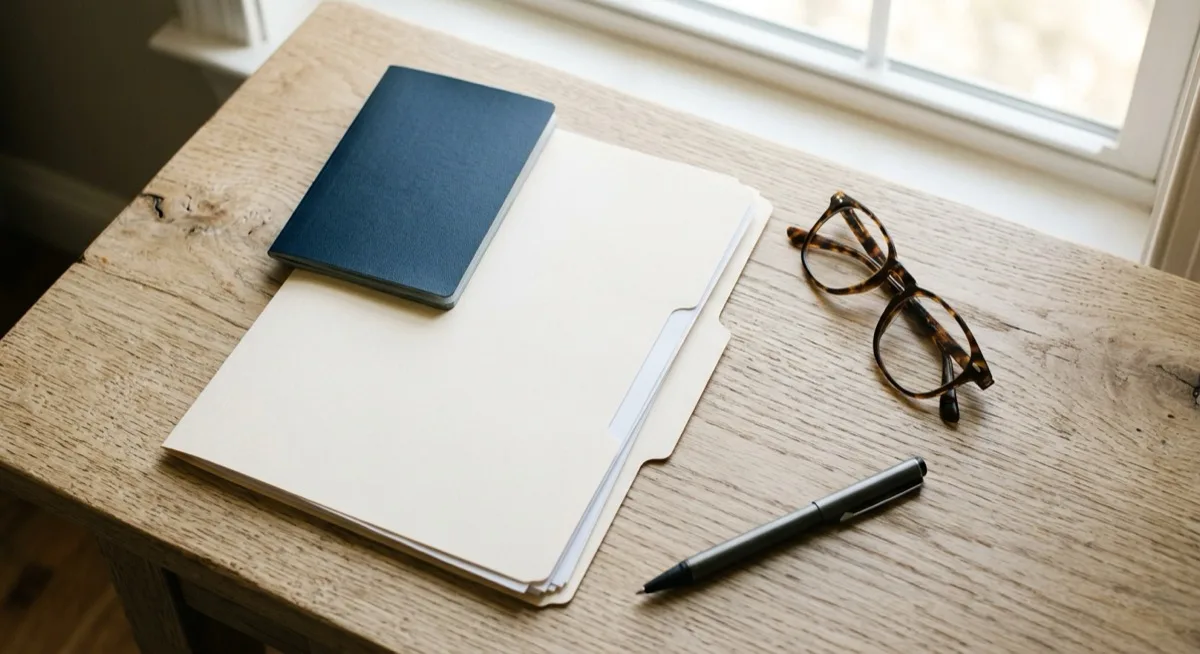 A passport, a folder of documents, reading glasses, and a pen laid out on a light wooden desk by a window