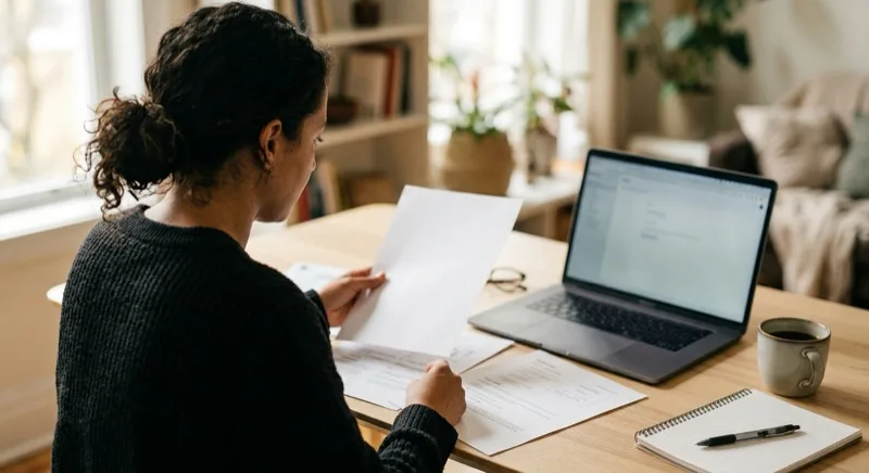 A person reviewing paper documents beside an open laptop at a tidy home desk with a coffee and notebook