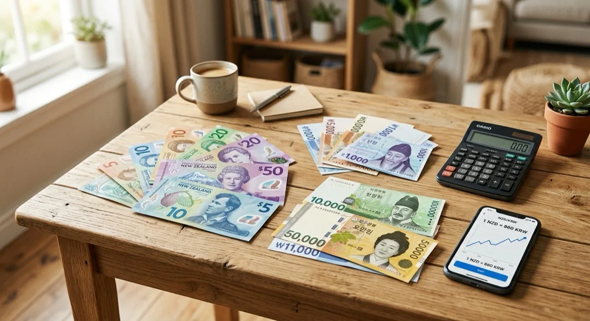 New Zealand and South Korean banknotes fanned out beside a calculator and a smartphone showing a simple currency chart