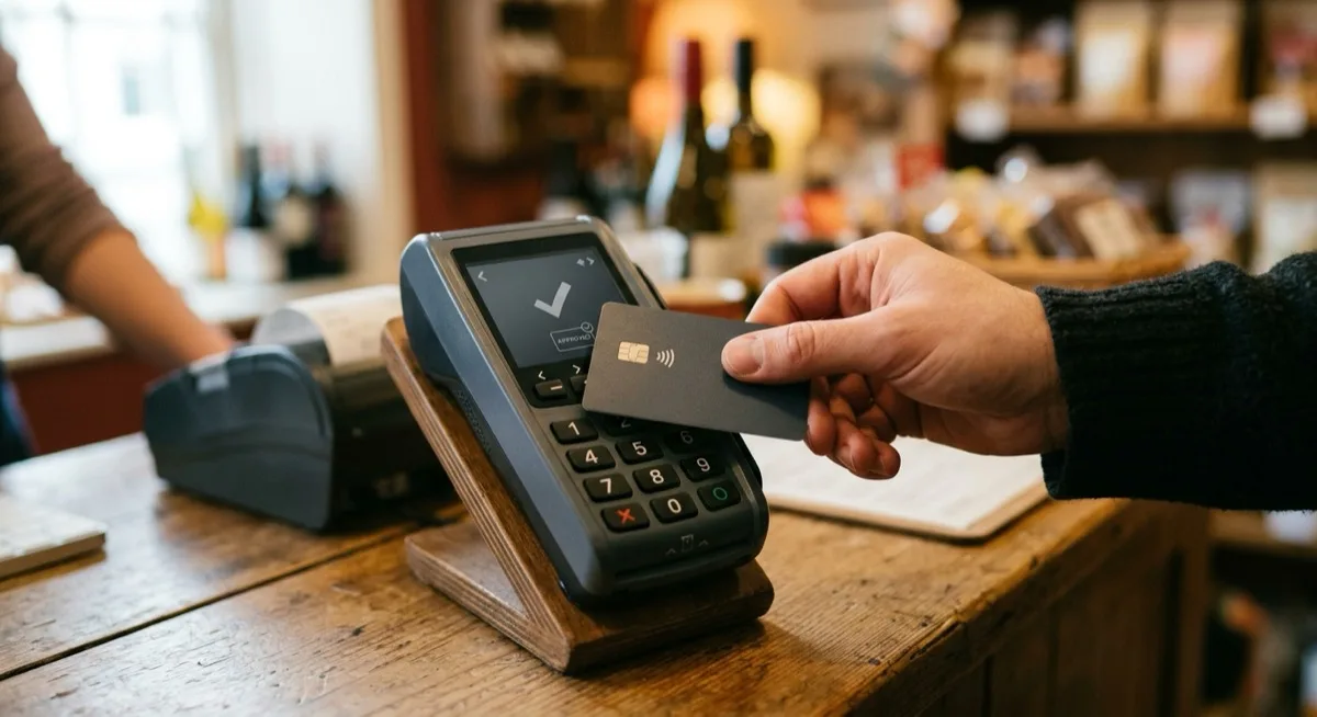 A hand tapping a contactless debit card on a card payment terminal at a shop counter