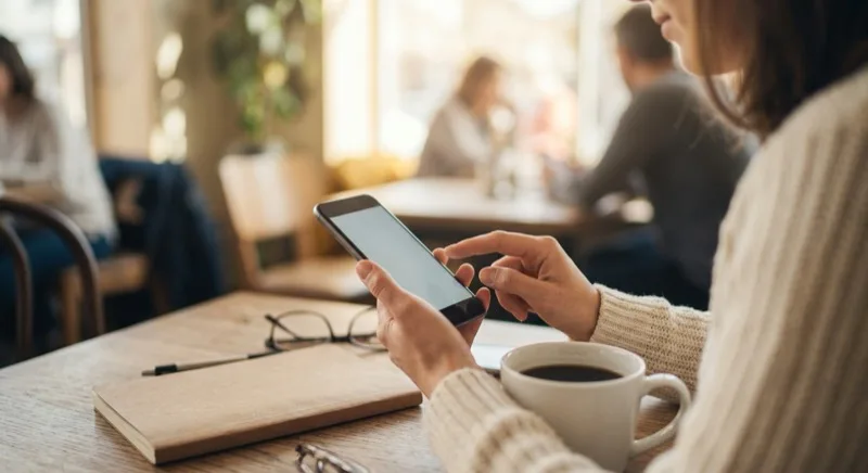 A person using online banking on a smartphone at a cafe table with a coffee and notebook